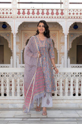 Lavender Cotton Flared Kurta-Pant & Dupatta Set with Floral Print, Thread Work, Lace & Sequins-P1382LAVENDER