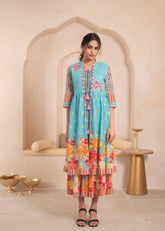 Sky Blue Layered Flared Dress with Printed Hem and Embroidered Yoke