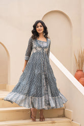 Azure Whispers Boho Tiered Anarkali Dress-P1399GREY