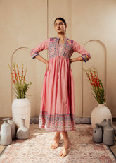 Onion Pink Embroidered Flared Midi Dress with Ethnic Motifs-P1400ONIONPINK_ON