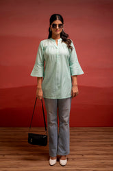 Mint Solid Cotton Straight Tunic with Thread Work and Button Detailing