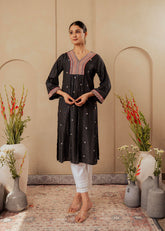 Black Striped Viscose Kurta with Embroidered Thread Work and Mirror Detailing