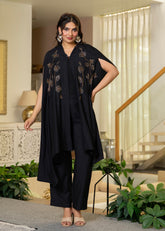Black Embroidered Cape Co-Ord Set