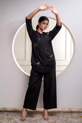 Black Solid Viscose Shirt with Beads Work