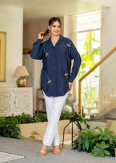 Navy Solid Viscose Shirt with Beads Work