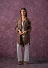 Brown Solid Viscose Shirt with Beads, Sequence, and Thread Work