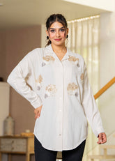 Viscose Linen Off White Embellished Shirt with Sequin & Bead Details