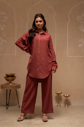 Brown Embellished Viscose-Linen Co-ord Set with Sequin Detailing