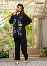 Viscose Linen Black Embroidered Shirt and Pant Co-Ord Set with Thread Work
