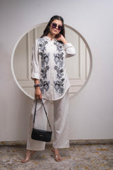 Viscose Linen Off White Embroidered Shirt and Pant Co-Ord Set with Thread Work