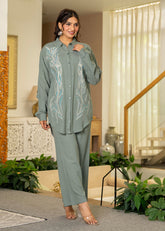 Sage Green Embroidered Viscose Co-ord Set with Beads & Sequin Accents