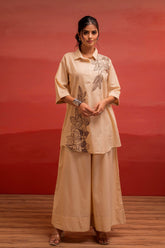 Beige Solid Cotton Shirt and Pants Co-ord Set with Thread Work