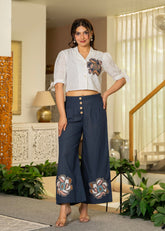 White & Teal Cotton-Viscose Embroidered Co-ord Set with Thread Work & Lace