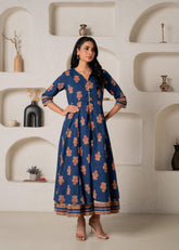 Cotton Blue Floral Printed Long Dress with Buttons