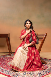Cotton Maroon Floral Printed Long Dress with Buttons