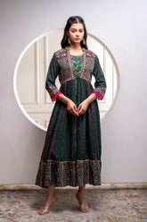Viscose Bottle Green Embroidered Longdress and Shrug Set with Thared, Mirror Work & Beads