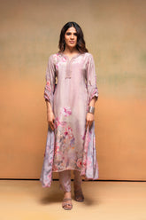 Pink Floral Embellished A-Line Kurta Pant and Dupatta Set with Beads & Sequence Work