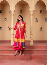 Fuchsia Manmade Fiber Ethnic Gathered Flared Longdress With Mirror & Thread Work