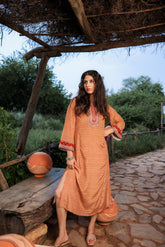 Mustard Embroidered A-Line Kurta with Mirror & Thread Work