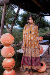 Mustard Embroidered Anarkali Long Dress with Tassels & Mirror Work