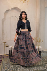Black Mirror Work Crop Top With Printed Flared Skirt Set