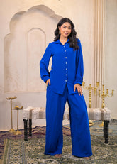Royal Blue Viscose Co-ord Set – Shirt & Palazzo with Parsley Waistband