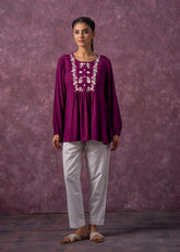 Women's Mint & White Embroidered Viscose Tunic with Thread Work and Buttons