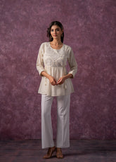 Women's Off-White Cotton Tunic with Thread & Mirror Work