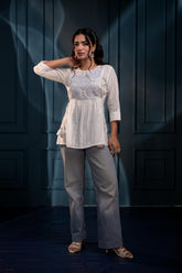 Women's White Embroidered Cotton Tunic with Thread and Mirror Work