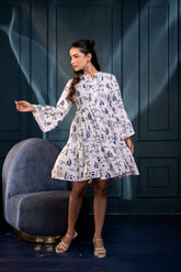 Women's Off-White & Blue Cotton Short Dress with Tropical Print