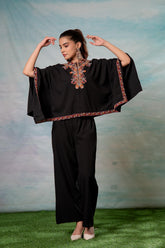 Black Embroidered Cape Tunic with Matching Palazzo Pants-P1900BLACK