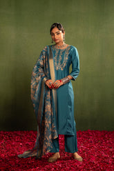 Teal, Embroidered Kurta Set with Jacquard Dupatta