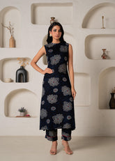 Women's Navy Floral Printed Kurta with Pant Set