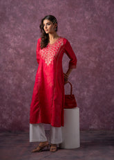Rust Red Embroidered Straight Kurta-P1993FUCHSIA