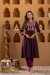 Wine Embroidered Yoke Kurta-P1996WINE_ON