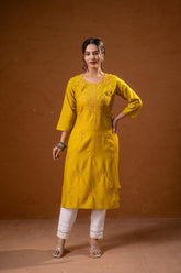 Mustard Tonal Sequin Embellished Straight Kurta Set-P2017MUSTARD_ON
