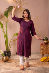 Wine Tonal Sequin Embellished Straight Kurta