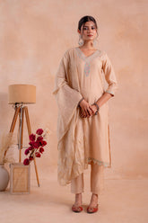 Beige Poly Viscose Straight Kurta Pant And Dupatta Set with Zari, Thread & Sequence Work-P2023BEIGE_ON