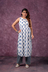 Indigo Leaf Printed Sleeveless Long Kurta
