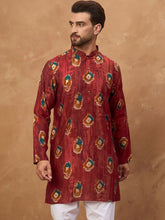 Ethnic Bay Men Red Viscose Rayon Ethnic Motifs Printed Straight Kurta With Pant Set-MKSET1544