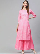 Women Crepe Pink Bandhani Printed Straight Kurta Palazzo Set