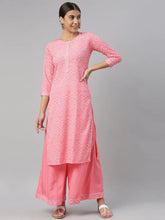 Women Crepe Pink Geometric Printed Straight Kurta Palazzo Set