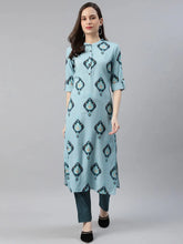 Women Poly Crepe Teal Solid Printed Straight Kurta Palazzo Set