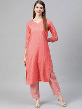 Women Crepe Peach Ethnic Motifs Printed Straight Kurta Pant Set 1