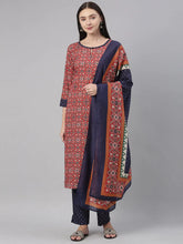 Women Crepe Red Ethnic Motifs Printed Straight Kurta Pant Dupatta Set 1