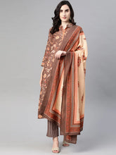 Women Crepe Brown Ethnic Motifs Printed Straight Kurta Trousers And Dupatta Set