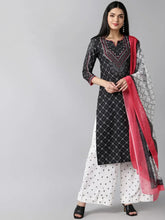 Women Black Polyester Printed Straight Kurta Palazzo Set With Dupatta