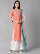Women Peach Coloured White Ethnic Motifs Printed Kurta With Palazzos Dupatta Set