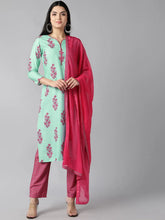 Women Sea Green Floral Printed Regular Kurta With Trousers With Dupatta Set