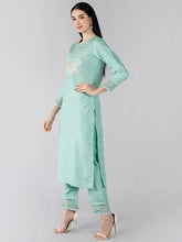 Women Sea Green Solid Embroidered Kurti Trousers With Dupatta 1